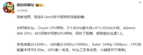 第五代骁龙8技术规格和性能数据曝光:跑分破330万__第五代骁龙8技术规格和性能数据曝光:跑分破330万