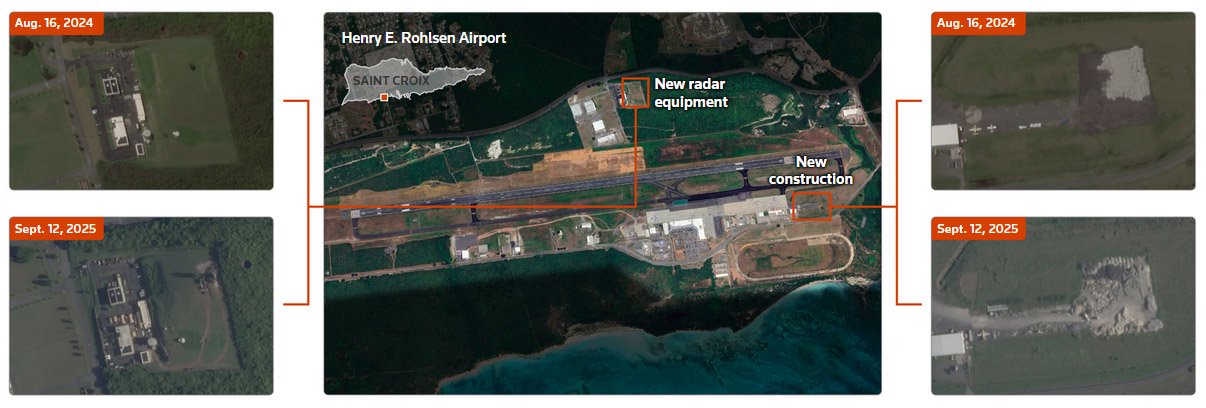 卫星图像显示，圣克罗伊岛亨利·罗尔森机场正在施工