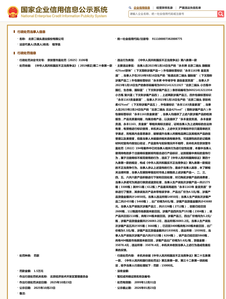 宣传与实际不符，北京二锅头酒业股份有限公司被罚_宣传与实际不符，北京二锅头酒业股份有限公司被罚_
