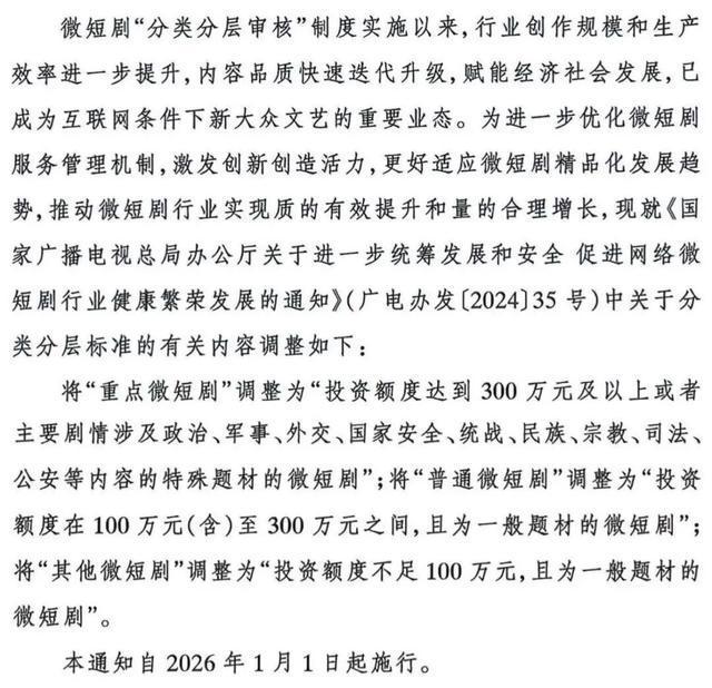 广电总局：调整微短剧分类分层标准
